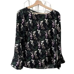Black Floral Print Bell Sleeve Blouse Women's Long Sleeve Top Med Boho Coquette